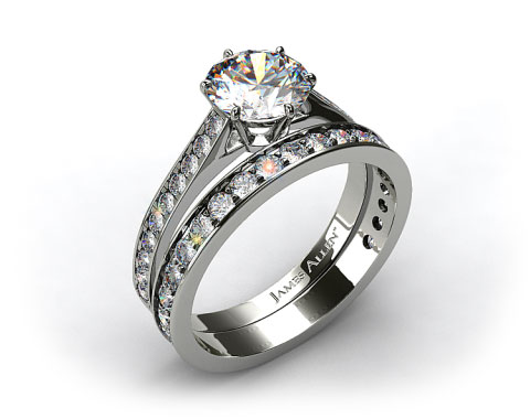 18k White Gold 2.6mm Six Prong Pave Diamond Engagement Ring & 0.42ct Pave Set Wedding Ring